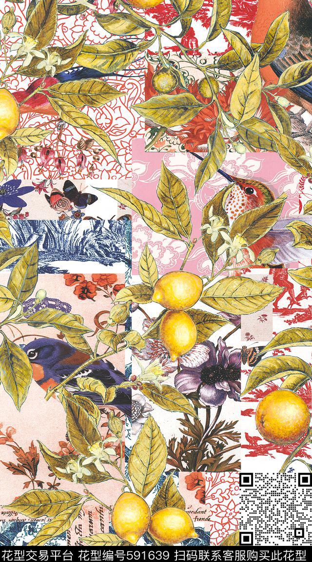 天堂鸟花复古枝叶数码印花华亿平台下载（图片编号: 591639） - 瓦栏（Walan）