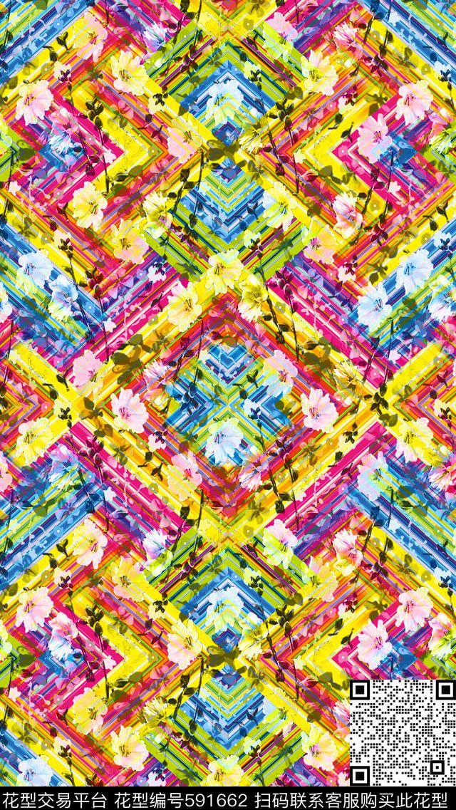几何拼接格纹花朵数码印花华亿平台下载（图片编号: 591662） - 瓦栏（Walan）