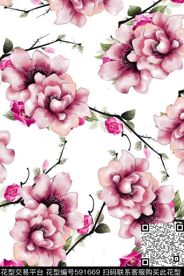 月季花牡丹花玫瑰花数码印花华亿平台下载（图片编号: 591669） - 瓦栏（Walan）