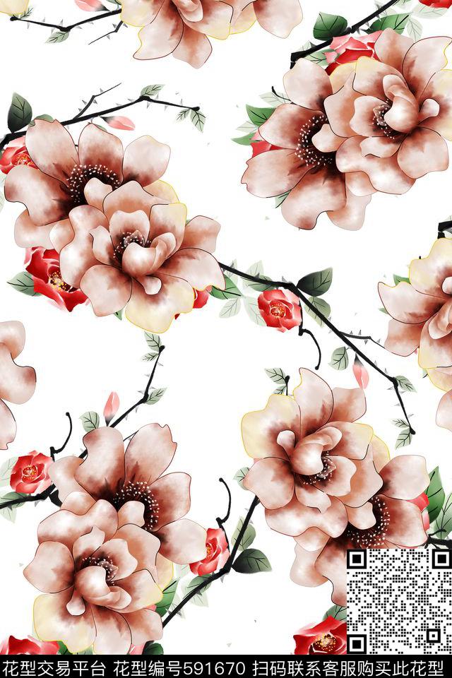 月季花牡丹花玫瑰花数码印花华亿平台下载（图片编号: 591670） - 瓦栏（Walan）