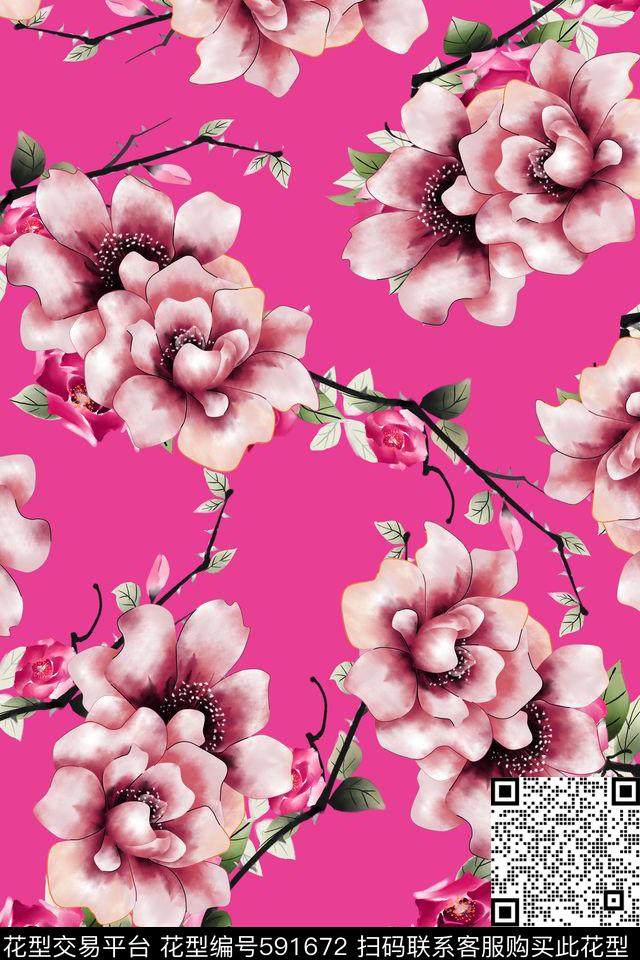 月季花牡丹花玫瑰花数码印花华亿平台下载（图片编号: 591672） - 瓦栏（Walan）