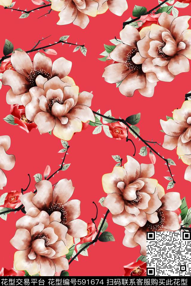 月季花牡丹花玫瑰花数码印花华亿平台下载（图片编号: 591674） - 瓦栏（Walan）