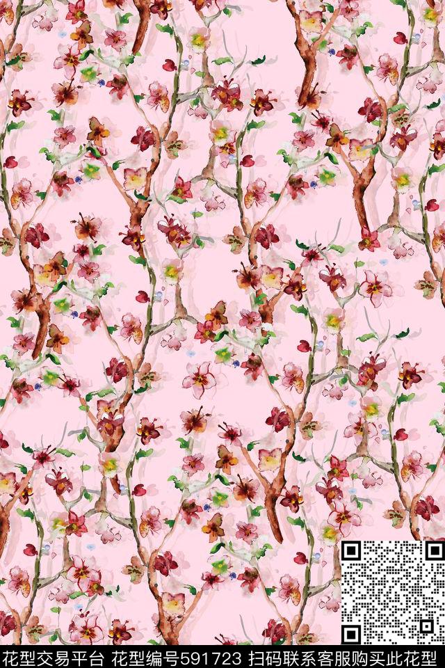 清新淡雅手绘花卉枝干花枝数码印花华亿平台下载（图片编号: 591723） - 瓦栏（Walan）