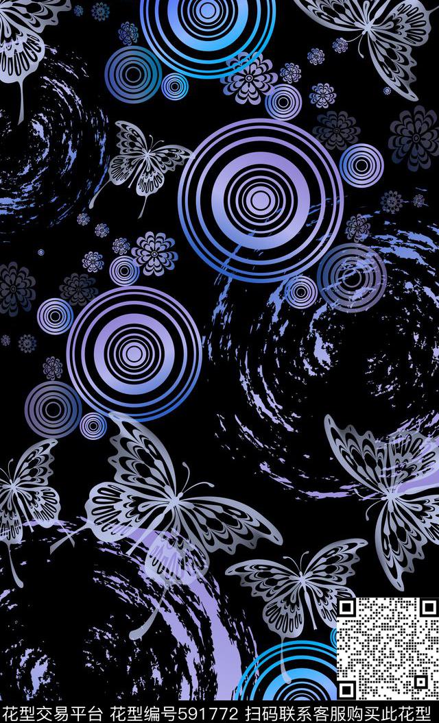 圆圈手绘笔触蝴蝶纷飞数码印花华亿平台下载（图片编号: 591772） - 瓦栏（Walan）