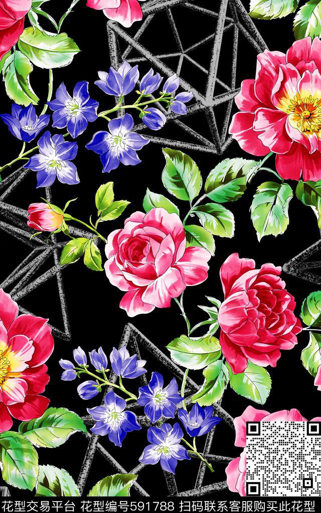 水彩花朵立体数码印花华亿平台下载（图片编号: 591788） - 瓦栏（Walan）