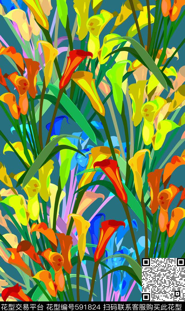 花卉花丛植物花卉田园时尚数码印花华亿平台下载（图片编号: 591824） - 瓦栏（Walan）