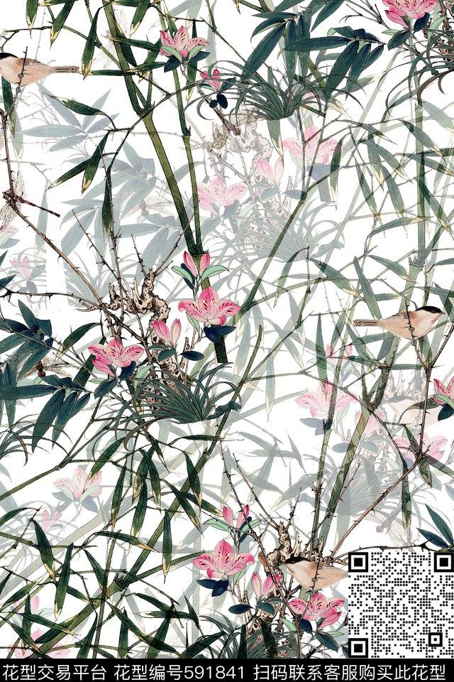 花卉竹子手绘数码印花华亿平台下载（图片编号: 591841） - 瓦栏（Walan）