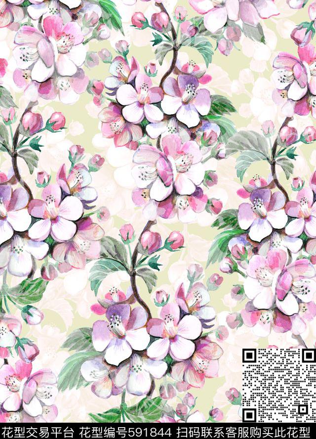 花卉手绘桃花粉嫩少女数码印花华亿平台下载（图片编号: 591844） - 瓦栏（Walan）