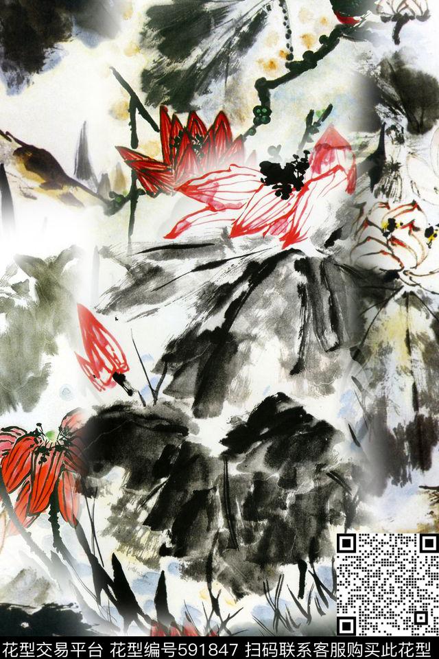 中国风连衣裙雪纺花卉数码印花华亿平台下载（图片编号: 591847） - 瓦栏（Walan）