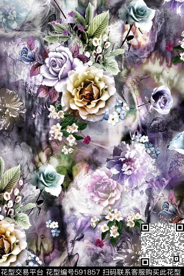 时尚地表肌理花卉数码印花华亿平台下载（图片编号: 591857） - 瓦栏（Walan）