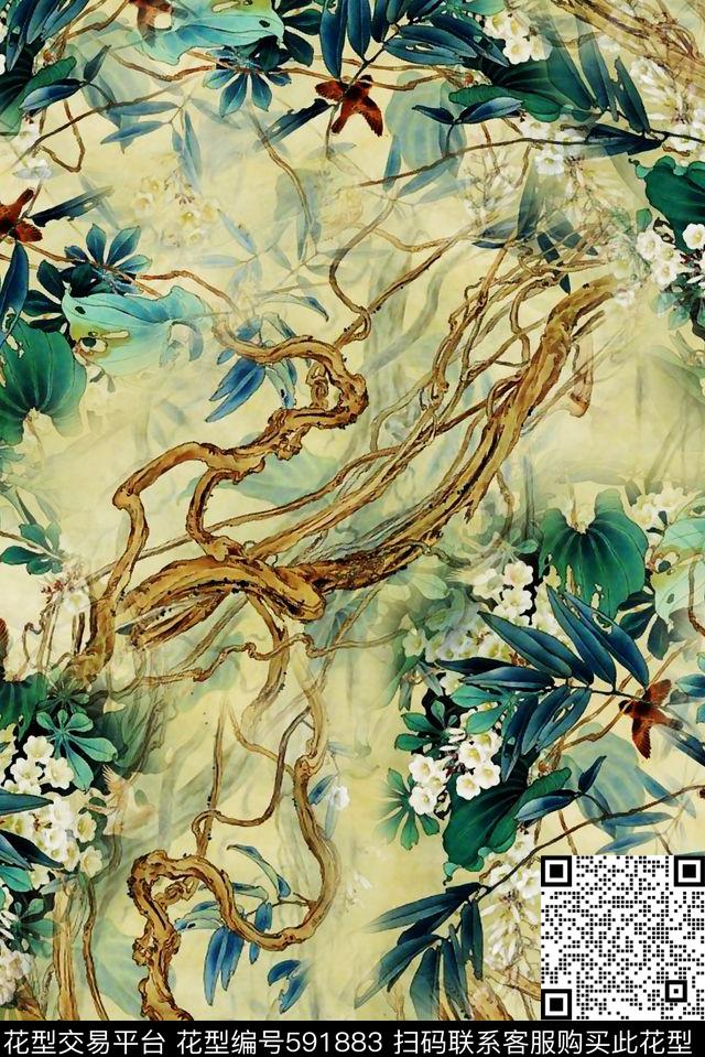 中国风花朵手绘大气数码印花华亿平台下载（图片编号: 591883） - 瓦栏（Walan）