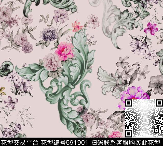 高雅花卉卷草纹数码印花华亿平台下载（图片编号: 591901） - 瓦栏（Walan）