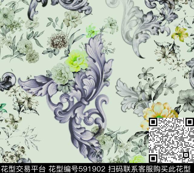 高雅花卉卷草纹数码印花华亿平台下载（图片编号: 591902） - 瓦栏（Walan）