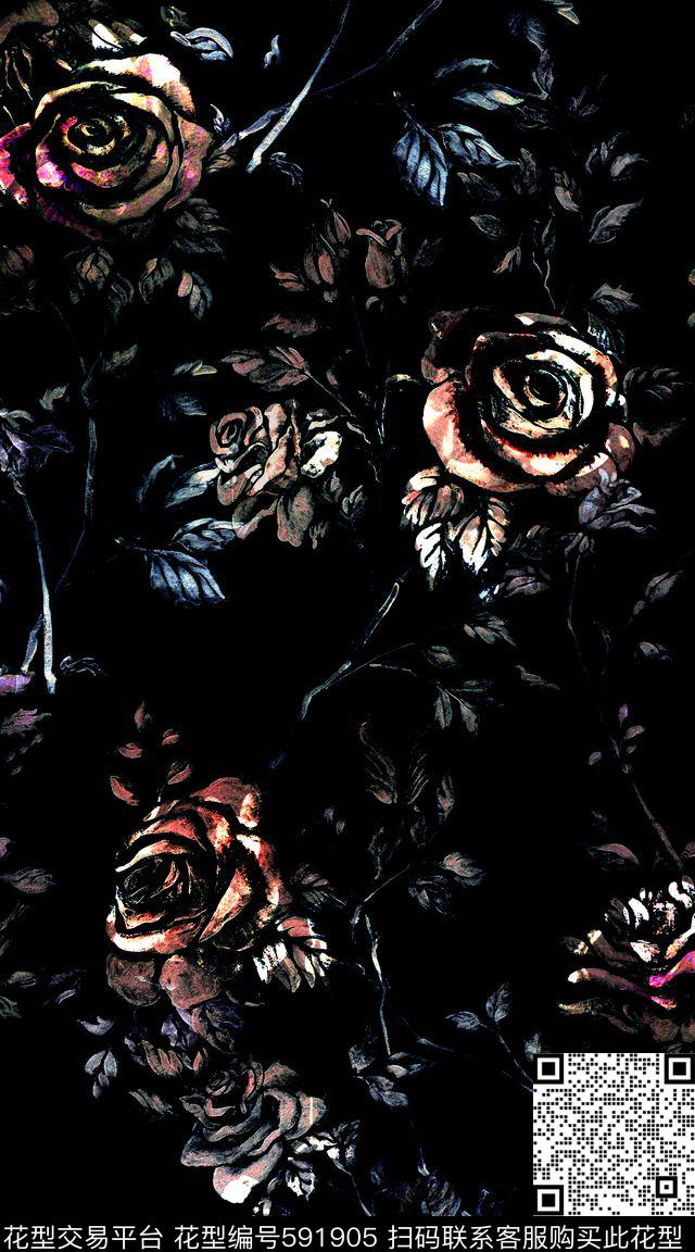 欧式时尚玫瑰数码印花华亿平台下载（图片编号: 591905） - 瓦栏（Walan）