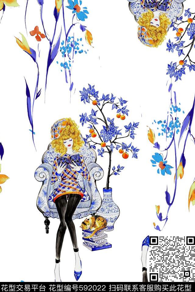 时尚青花瓷手绘水墨数码印花华亿平台下载（图片编号: 592022） - 瓦栏（Walan）