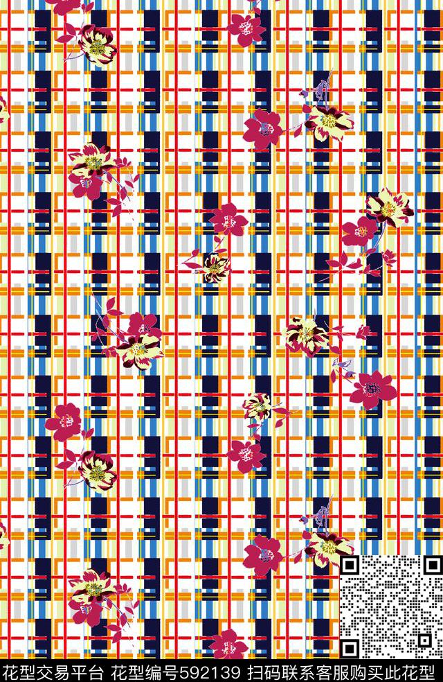 格子花卉格纹几何花朵传统印花华亿平台下载（图片编号: 592139） - 瓦栏（Walan）