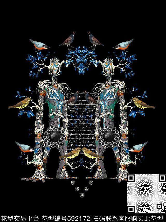 抽象男装图案树花鸟数码印花华亿平台下载（图片编号: 592172） - 瓦栏（Walan）