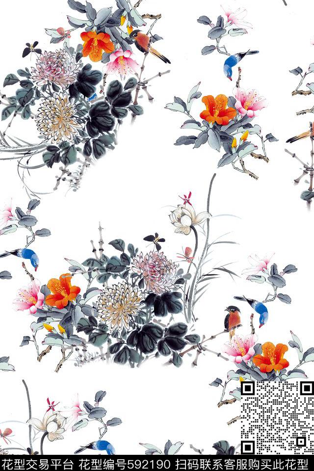 花卉中国风淑女数码印花华亿平台下载（图片编号: 592190） - 瓦栏（Walan）