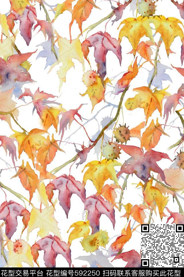 水彩手绘树叶手绘印花彩色树叶数码印花华亿平台下载（图片编号: 592250） - 瓦栏（Walan）