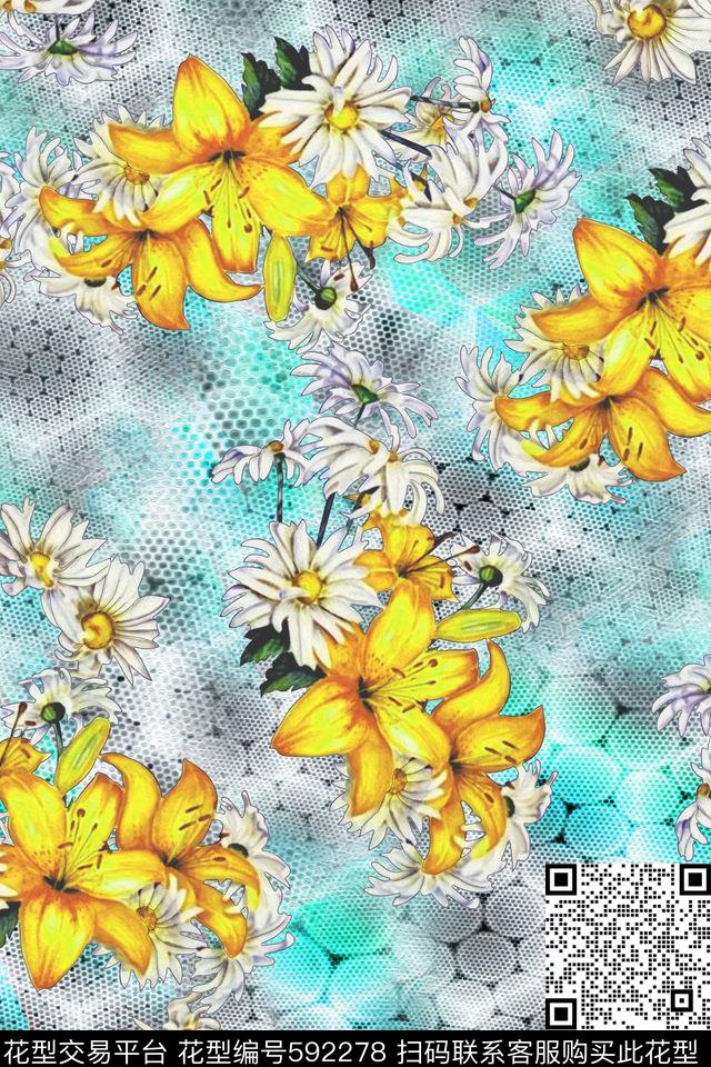 浪漫花卉波点晕染数码印花华亿平台下载（图片编号: 592278） - 瓦栏（Walan）