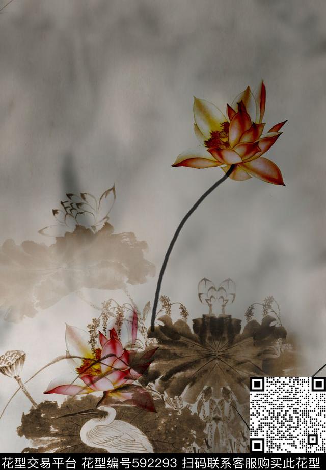 花鸟荷花印花华亿平台下载（图片编号: 592293） - 瓦栏（Walan）