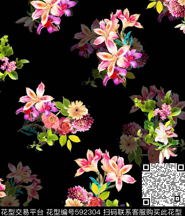 定位黑底百合。满版数码印花华亿平台下载（图片编号: 592304） - 瓦栏（Walan）