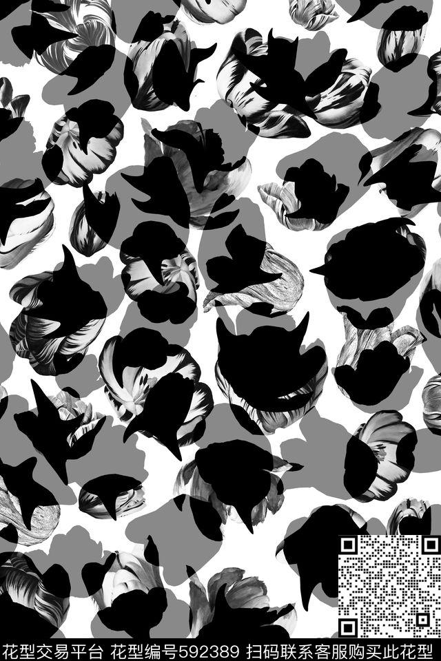 黑白花卉色块女装数码印花华亿平台下载（图片编号: 592389） - 瓦栏（Walan）