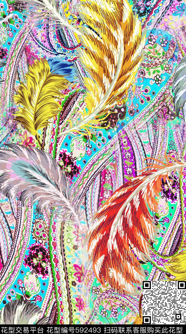 羽毛佩斯利腰果数码印花华亿平台下载（图片编号: 592493） - 瓦栏（Walan）