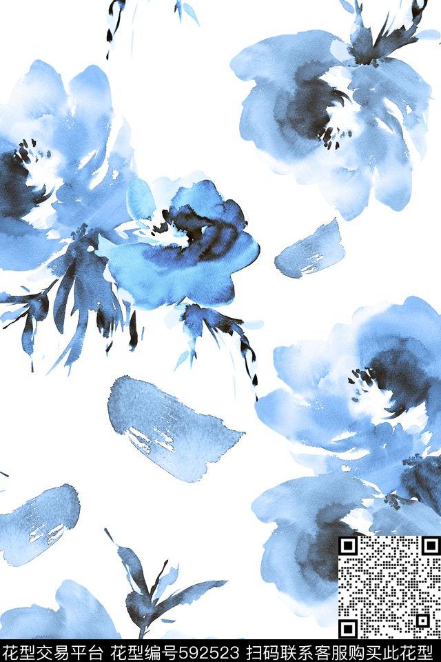 水彩花卉写意水墨花卉数码印花华亿平台下载（图片编号: 592523） - 瓦栏（Walan）