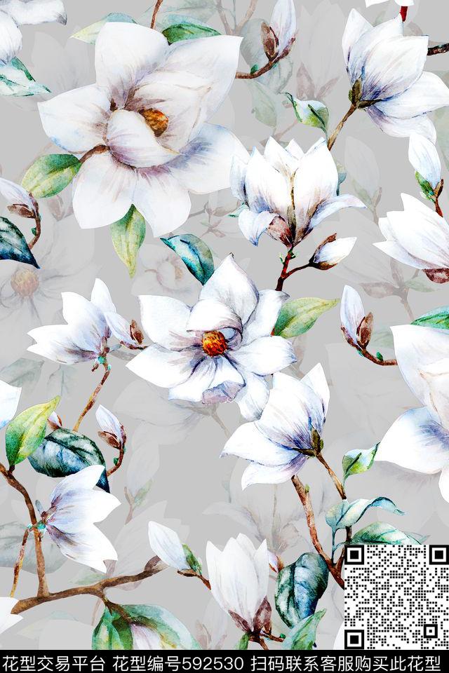 中国风玉兰花油画数码印花华亿平台下载（图片编号: 592530） - 瓦栏（Walan）