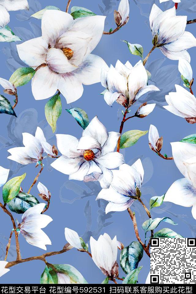 中国风玉兰花油画数码印花华亿平台下载（图片编号: 592531） - 瓦栏（Walan）