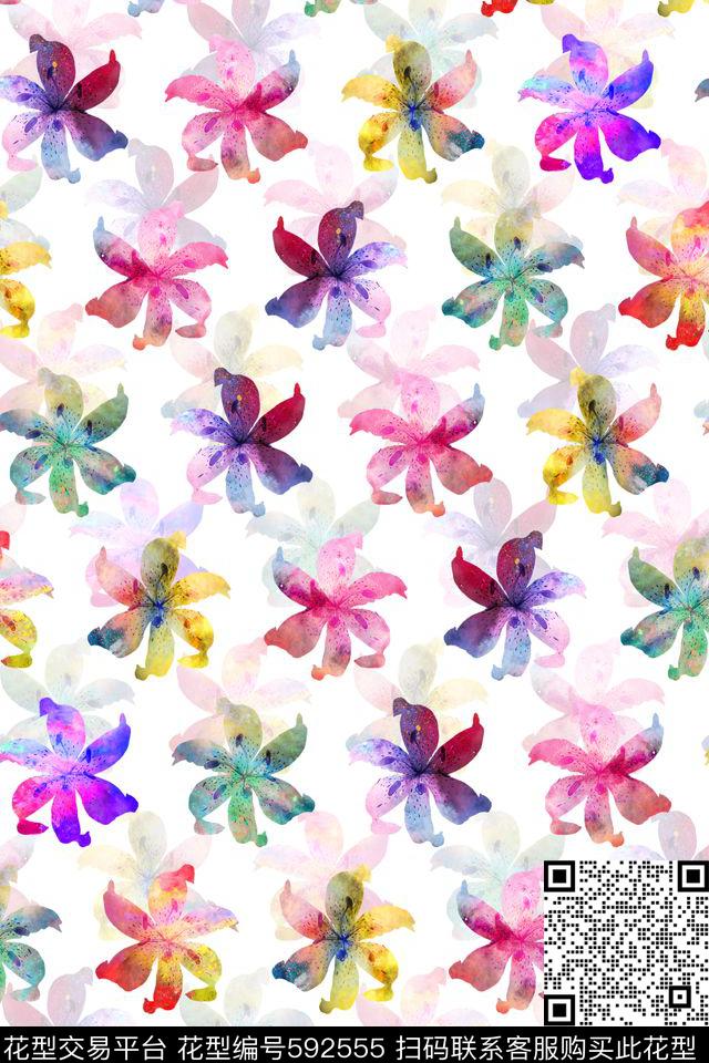 百合花朵绚丽彩色花卉数码印花华亿平台下载（图片编号: 592555） - 瓦栏（Walan）