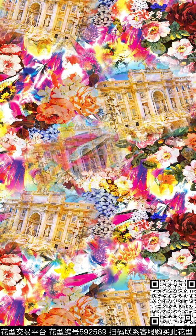 花朵花卉建筑古典花卉数码印花华亿平台下载（图片编号: 592569） - 瓦栏（Walan）