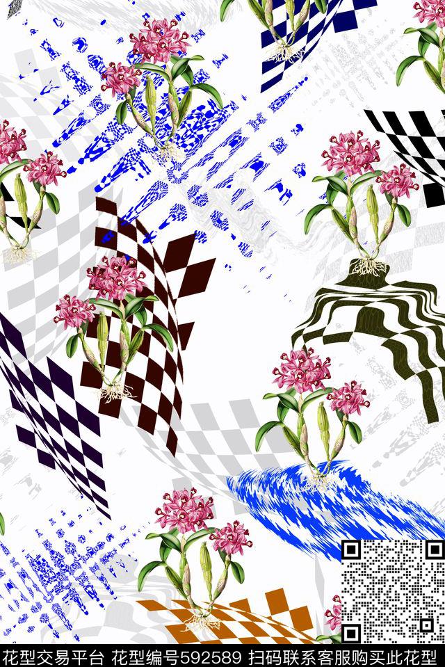 几何花卉组合黑白格兰花数码印花华亿平台下载（图片编号: 592589） - 瓦栏（Walan）