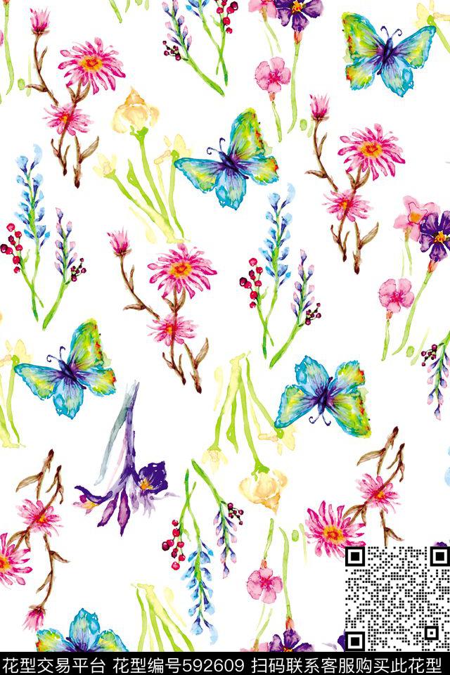 小碎花蝴蝶水彩数码印花华亿平台下载（图片编号: 592609） - 瓦栏（Walan）