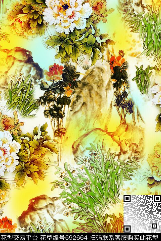 中国风工笔画山水数码印花华亿平台下载（图片编号: 592664） - 瓦栏（Walan）