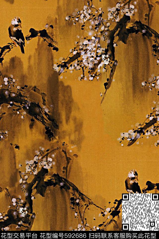 中国风山水画花鸟数码印花华亿平台下载（图片编号: 592686） - 瓦栏（Walan）