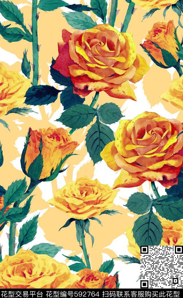 大花玫瑰花卉数码印花华亿平台下载（图片编号: 592764） - 瓦栏（Walan）