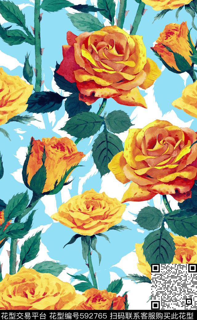 大花玫瑰花卉数码印花华亿平台下载（图片编号: 592765） - 瓦栏（Walan）