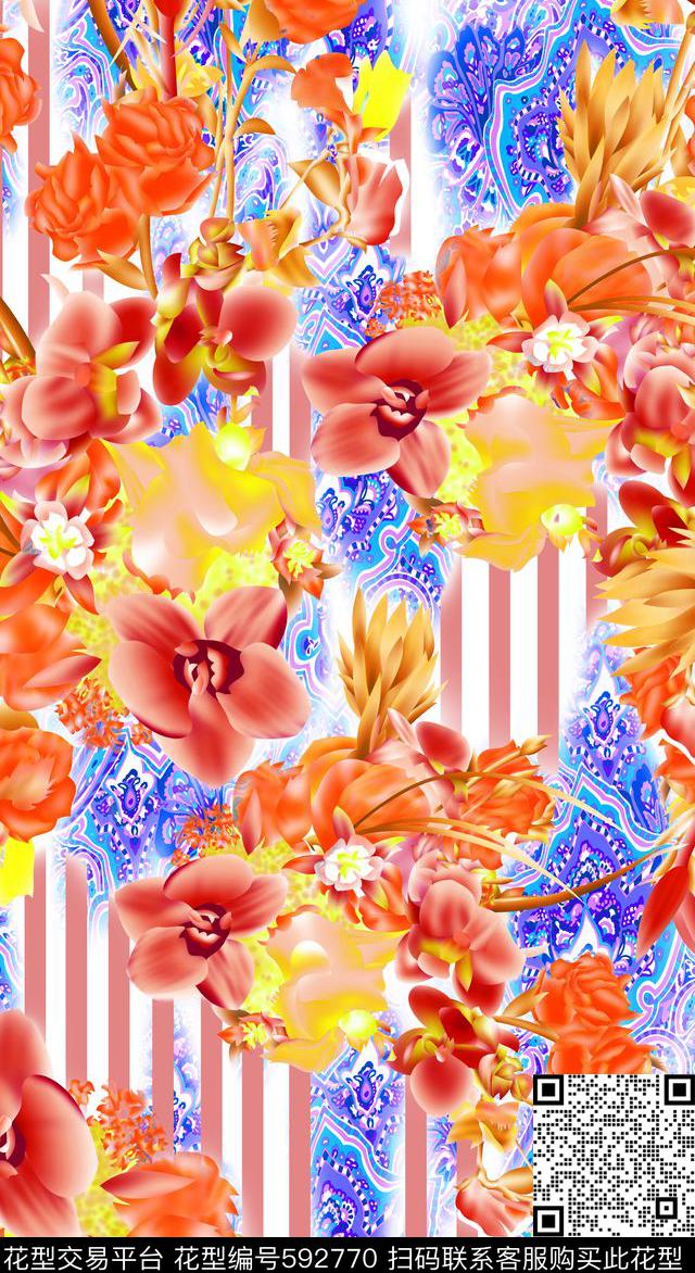 玫瑰浪漫花卉手绘数码印花华亿平台下载（图片编号: 592770） - 瓦栏（Walan）