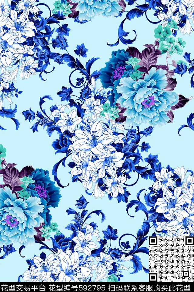 VIP华亿平台中国风卷草数码印花华亿平台下载（图片编号: 592795） - 瓦栏（Walan）