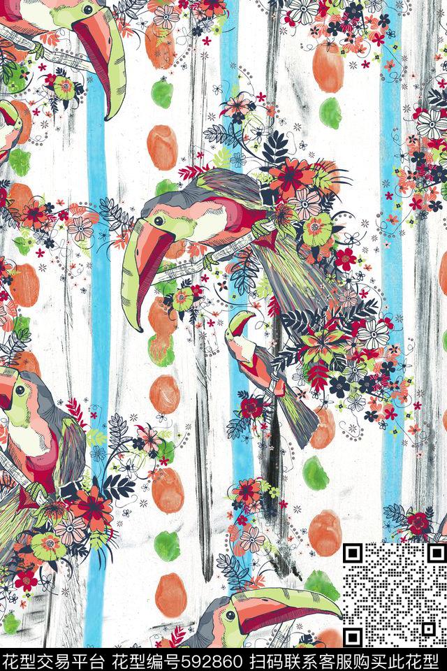 花卉鸟刷痕数码印花华亿平台下载（图片编号: 592860） - 瓦栏（Walan）
