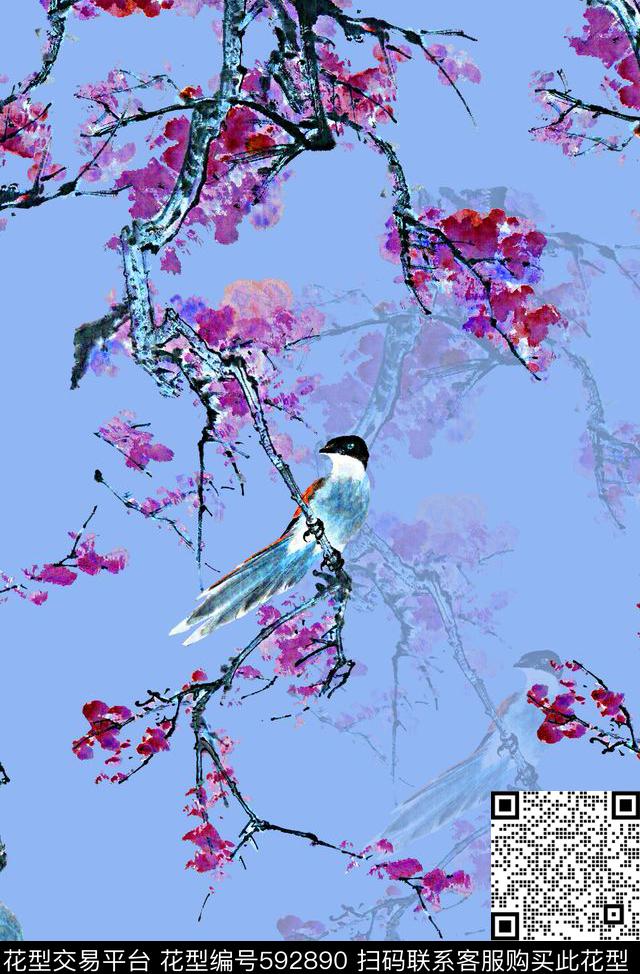 旗袍印花花鸟抽象梅花数码印花华亿平台下载（图片编号: 592890） - 瓦栏（Walan）