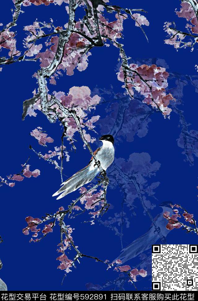 旗袍印花花鸟抽象梅花数码印花华亿平台下载（图片编号: 592891） - 瓦栏（Walan）
