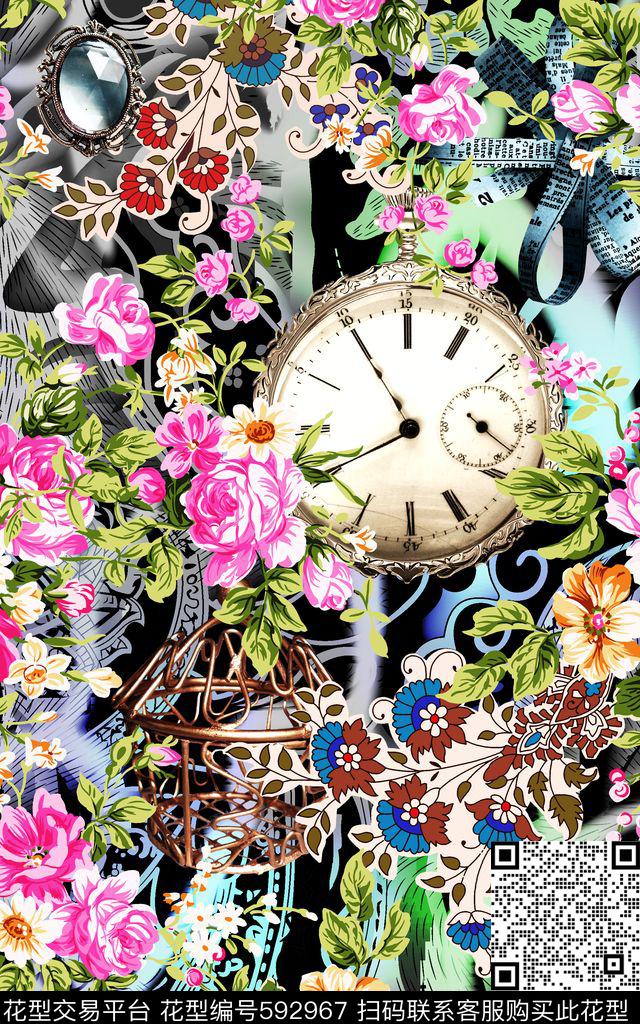 宝石花朵鸟笼数码印花华亿平台下载（图片编号: 592967） - 瓦栏（Walan）