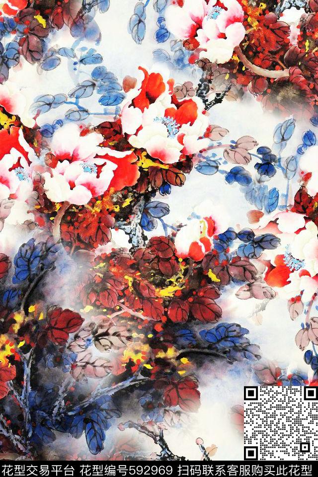 花卉国画中国风数码印花华亿平台下载（图片编号: 592969） - 瓦栏（Walan）
