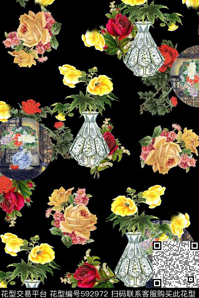 花卉花瓶中国风数码印花华亿平台下载（图片编号: 592972） - 瓦栏（Walan）