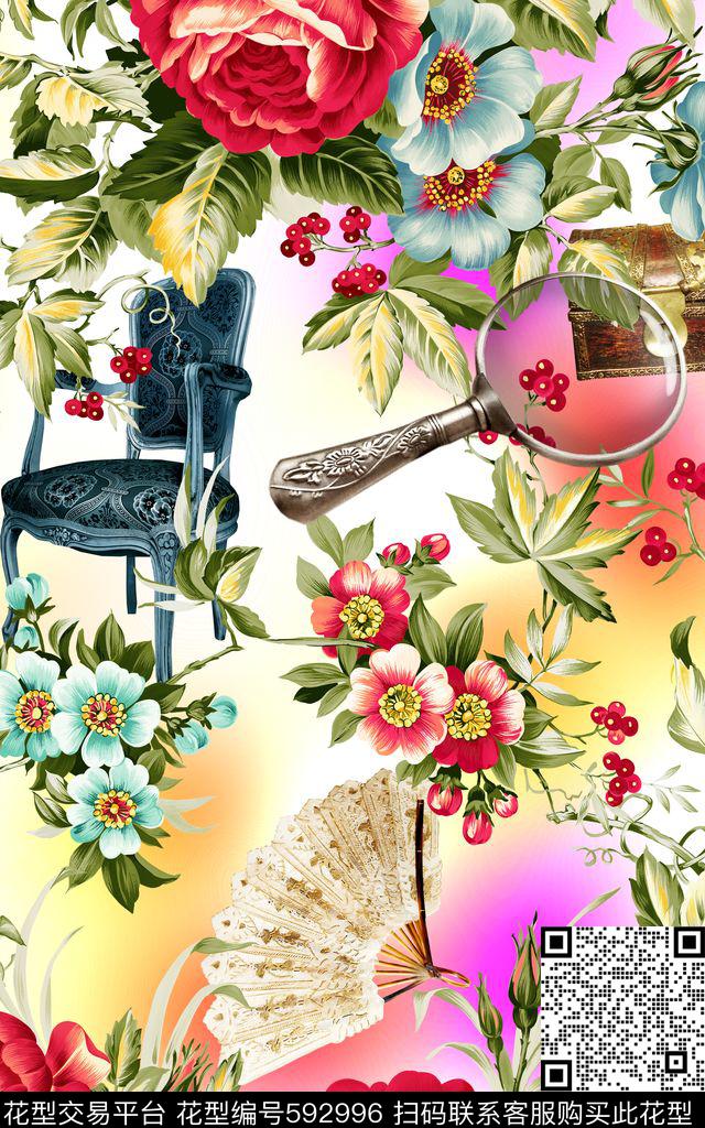 花朵放大镜宝箱数码印花华亿平台下载（图片编号: 592996） - 瓦栏（Walan）