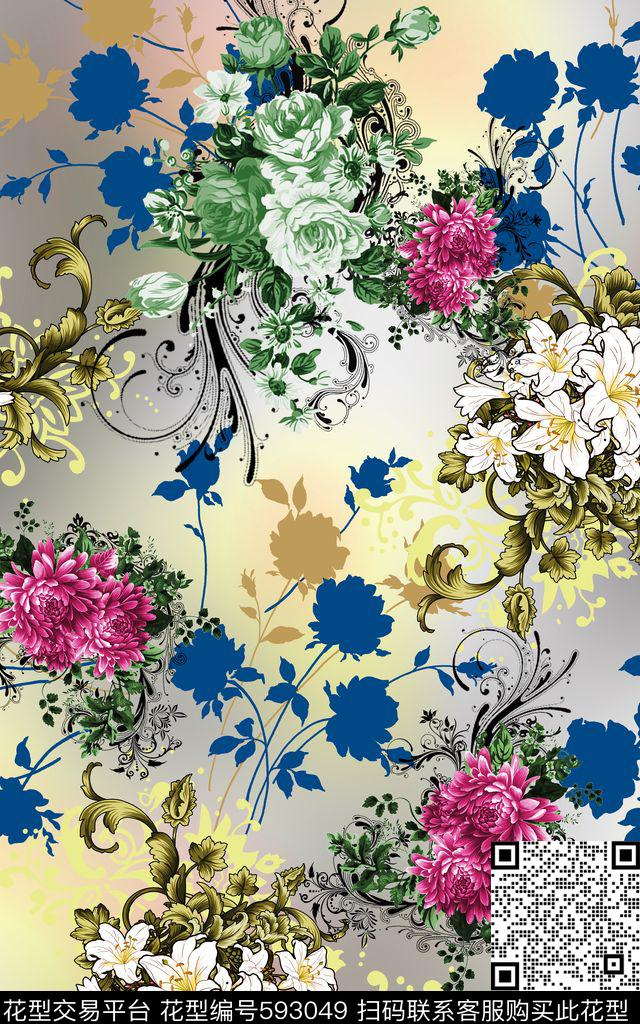 卷草纹传统花纹花朵传统印花华亿平台下载（图片编号: 593049） - 瓦栏（Walan）