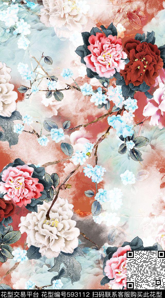 水彩花朵牡丹数码印花华亿平台下载（图片编号: 593112） - 瓦栏（Walan）